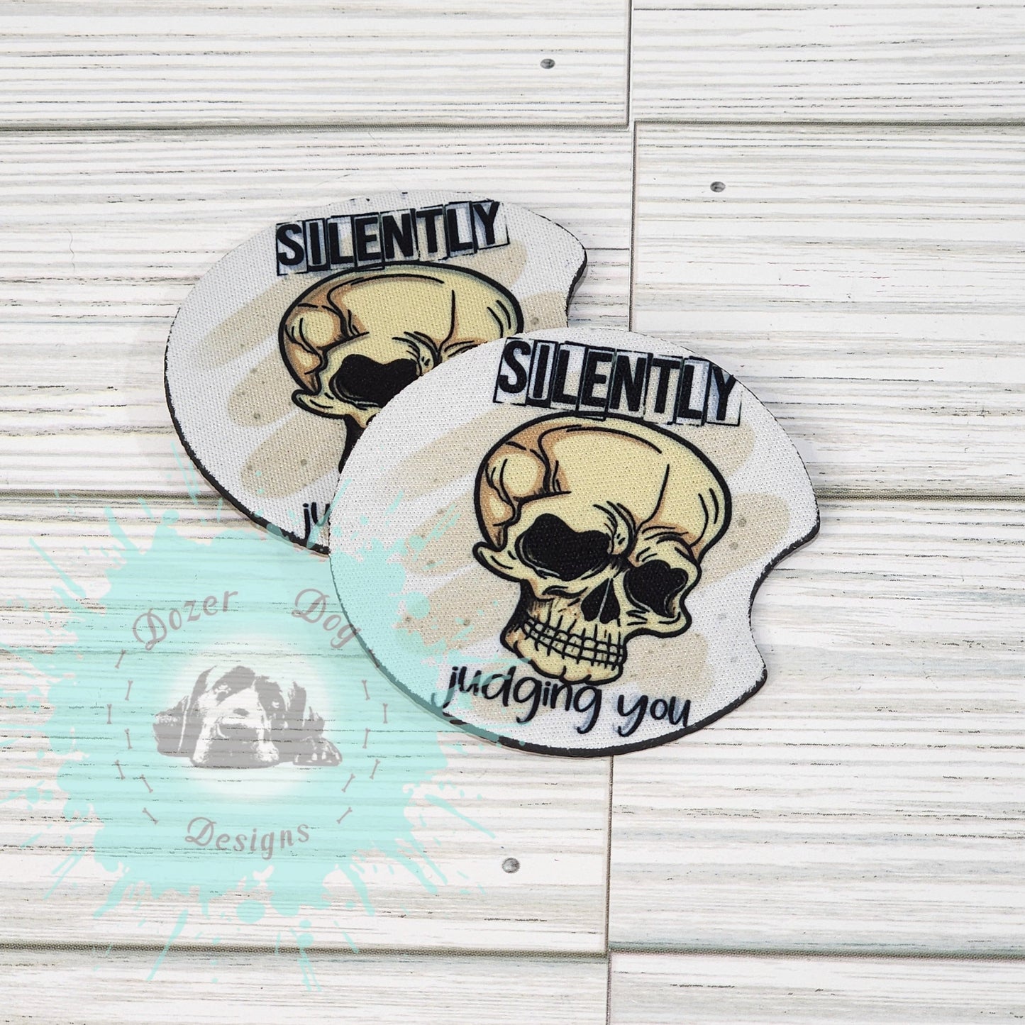 Silently Judging You Skull Car Coaster Set of 2