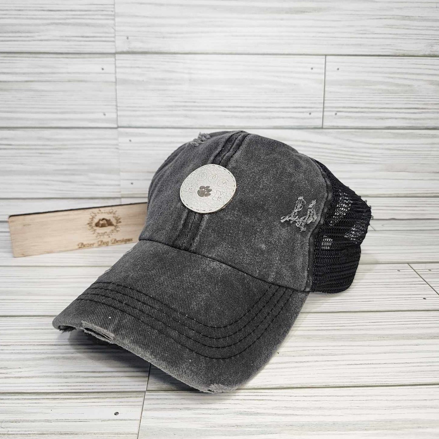 Dog Mom Leather Patch Ponytail Hat