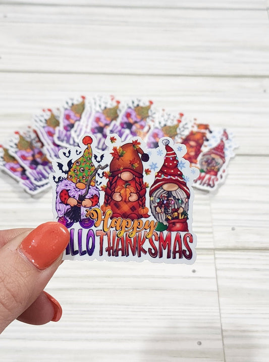 HalloThanksMas Gnomes Waterproof Sticker